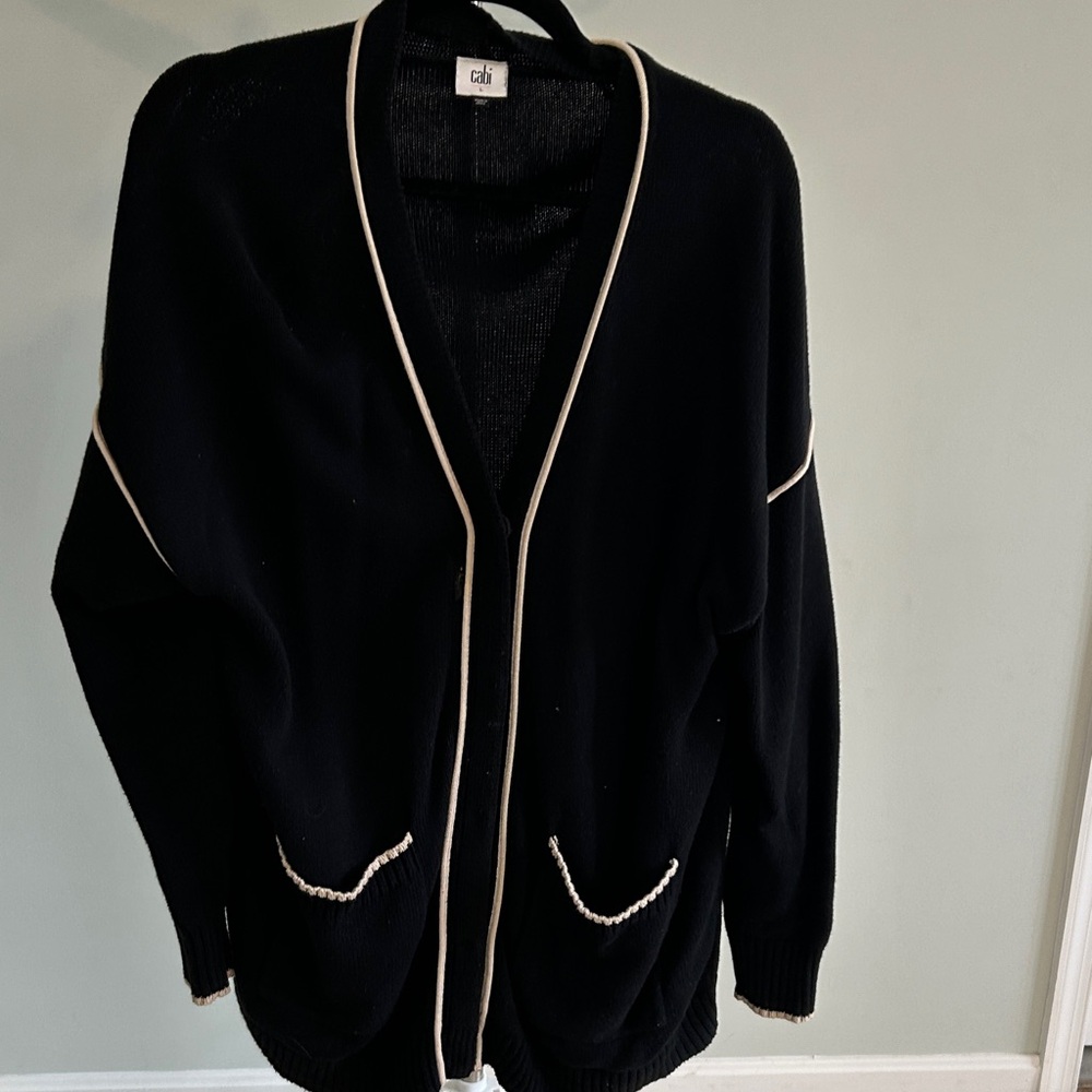 CAbi Black Knit Cardigan with White Accents